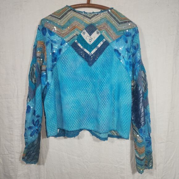 SANDY SYARKMAN 1X Blue Mermaid Sequin Crochet Sweater - Picture 5 of 6